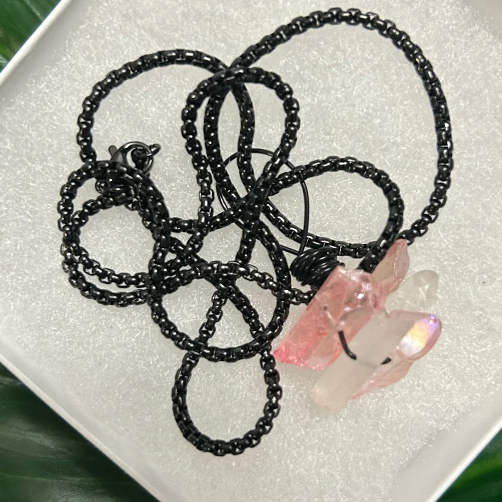 pink cluster aura quartz wire wrapped crystal pendant stainless steel necklace